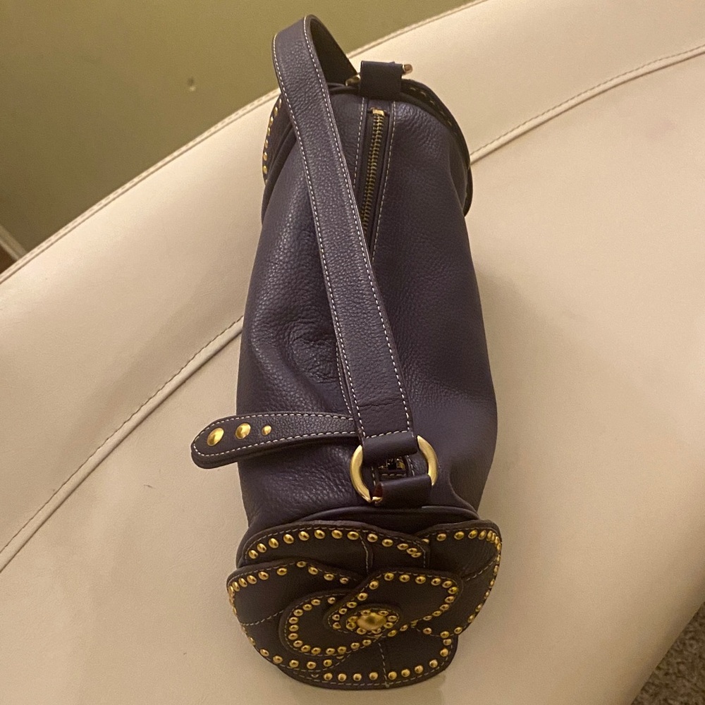 Leather Shoulder Bag with Gold Stud Flower Accent - Navy